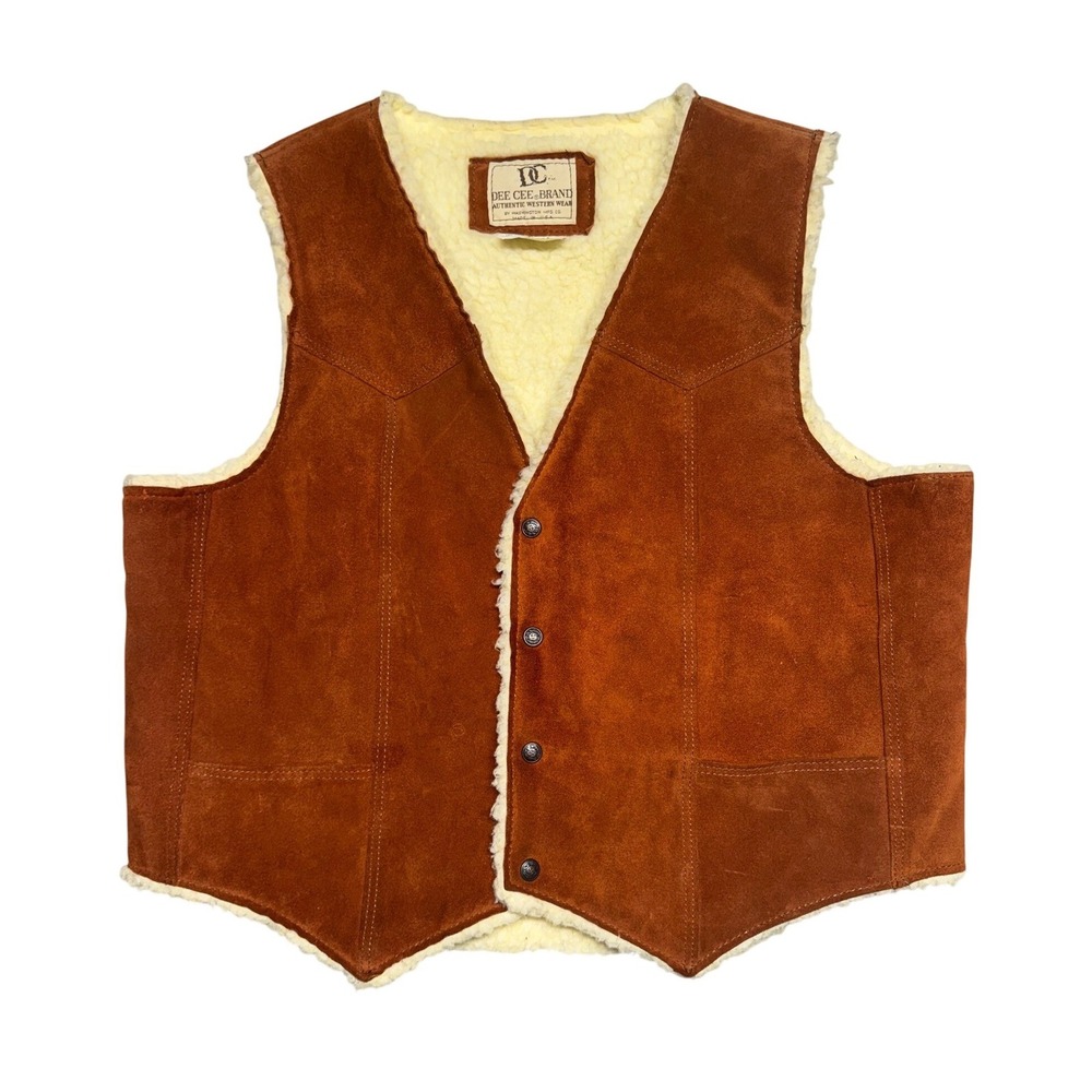 Vintage Dee Cee Brand XL Brown Suede Leather Western Shearling Lined Vest USA
